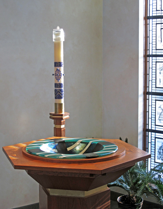 Wood Baptismal Font and Easter Candle